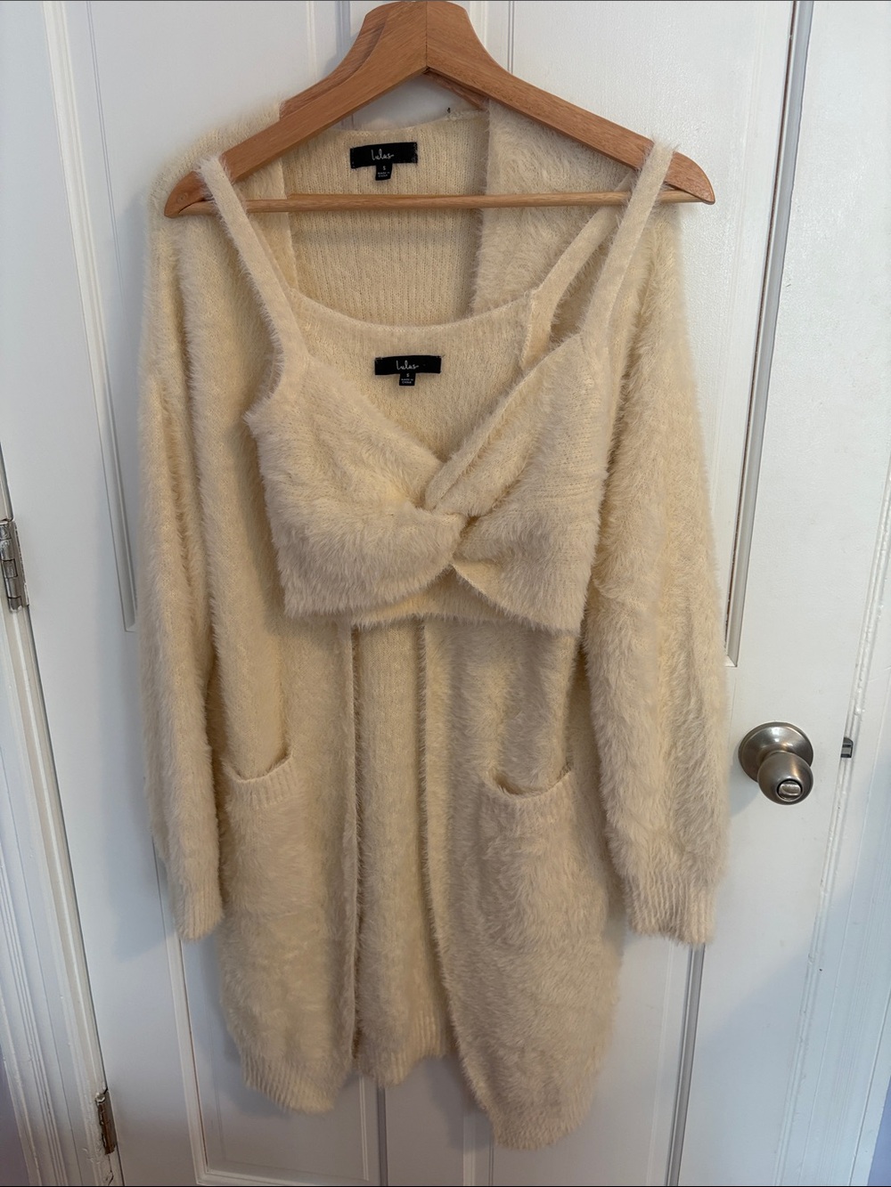 Lulu's Soft Cream Fuzzy Knit Cardigan & Twist-Front Tank Set